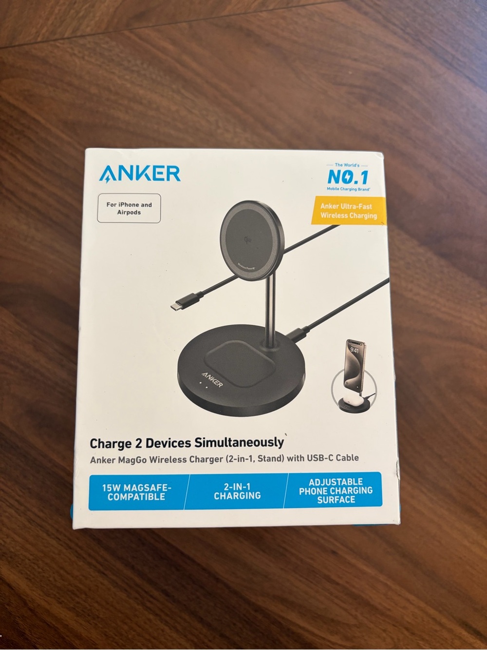 NIB Anker 15W MagSafe-Compatible Charger Stand in Black and Silver for 2 devices